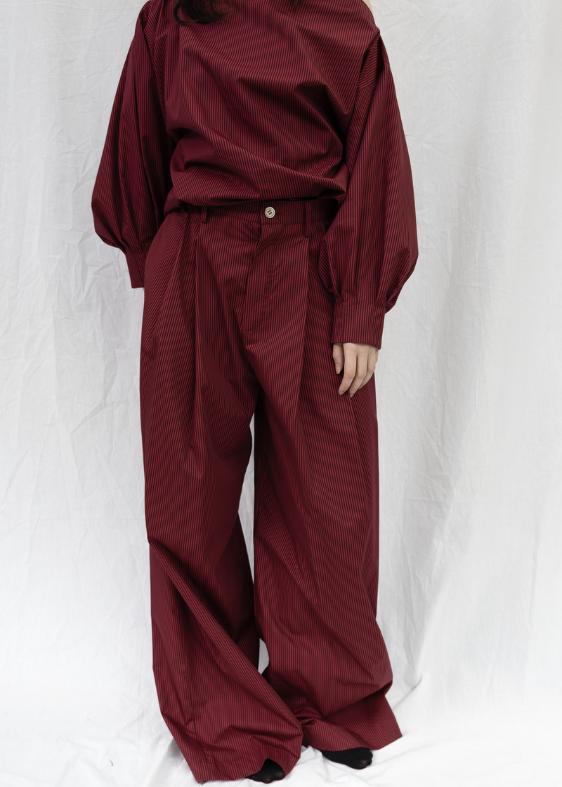 ARCHETYPE Billowing Trousers in Cherry Pinstriped Cotton Poplin
