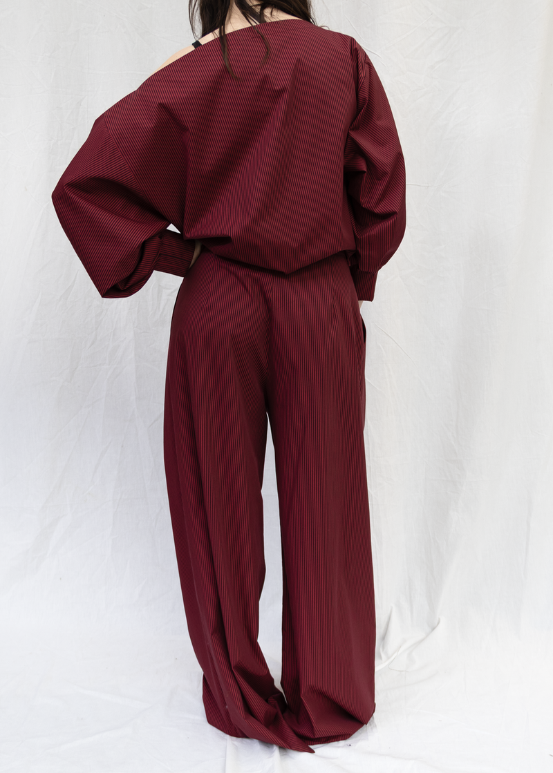 ARCHETYPE Billowing Trousers in Cherry Pinstriped Cotton Poplin