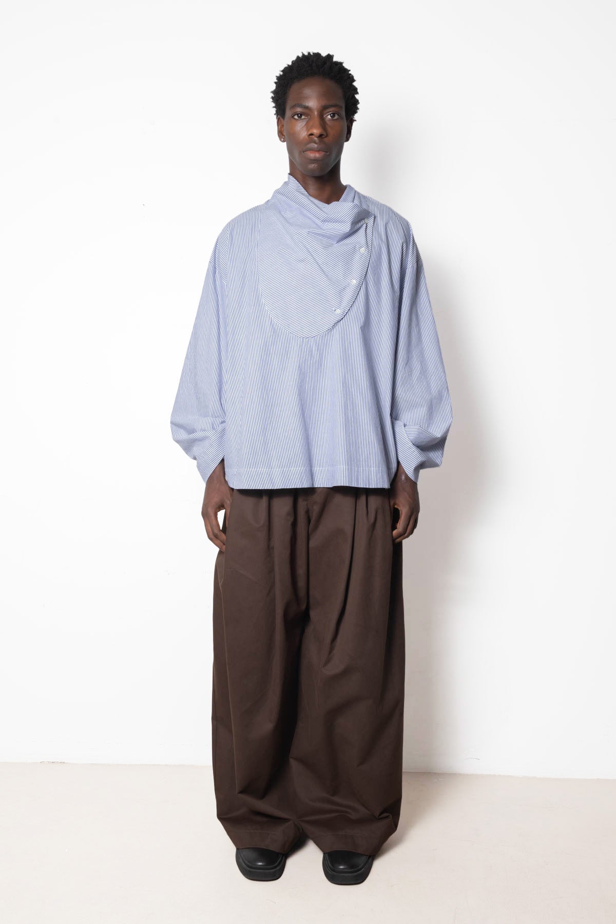 Tuxedo Shirt in White and Blue Striped Cotton Poplin