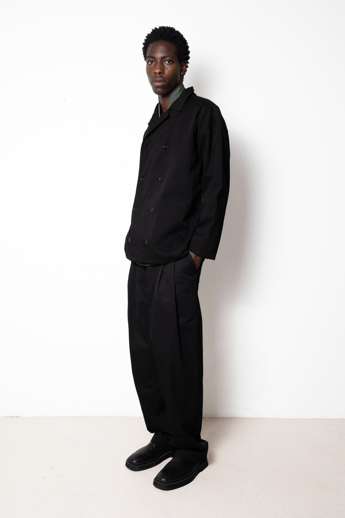 Double-Breasted Work Jacket in Black Canvas Cotton