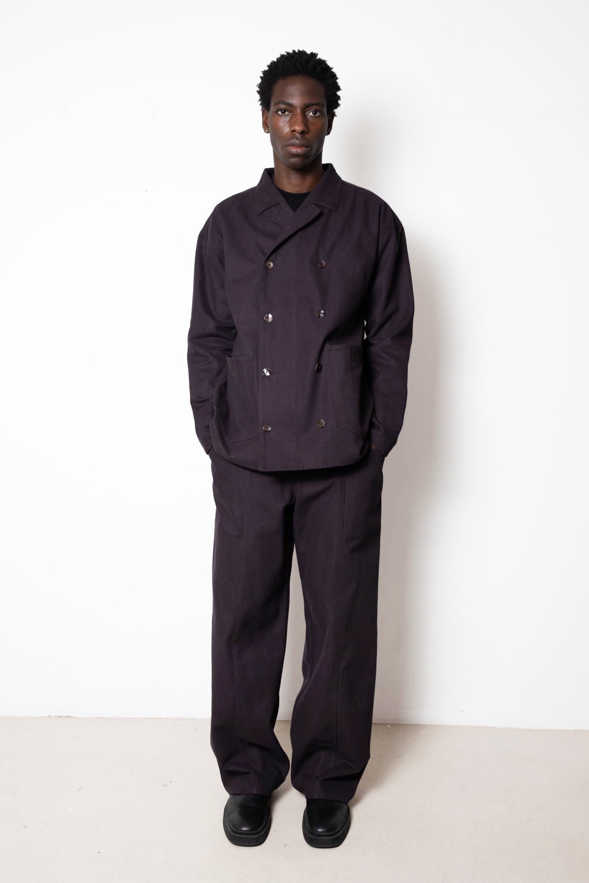 Double-Breasted Work Jacket in Deep Purple Peached Panama Cotton