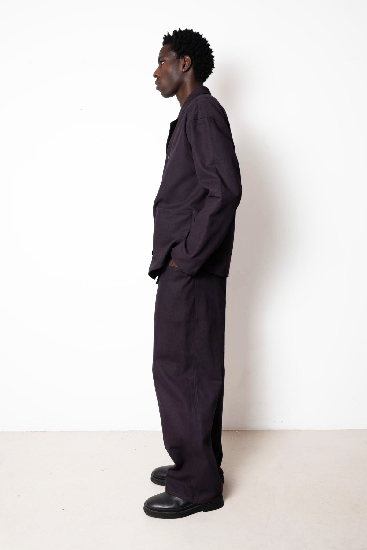 Double-Breasted Work Jacket in Deep Purple Peached Panama Cotton
