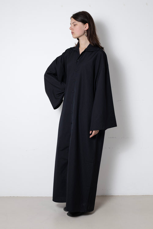 ARCHETYPE Waving Dress in Black Wool with Blue Pinstripes