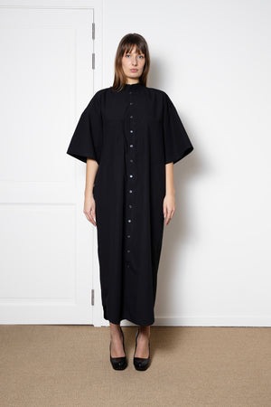 ARCHETYPE Shirt Dress, Short Sleeved in Black Cotton Poplin