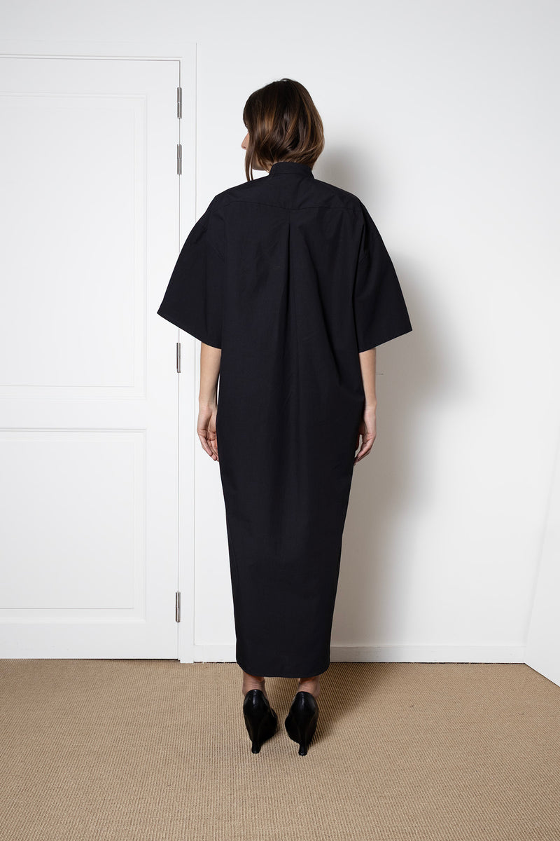 ARCHETYPE Shirt Dress, Short Sleeved in Black Cotton Poplin