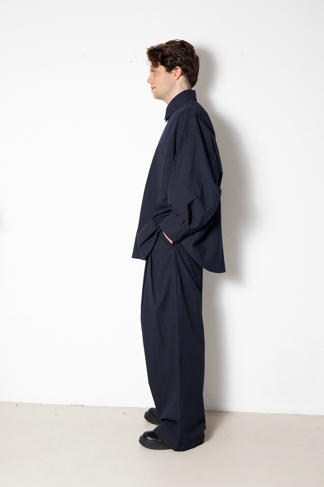 Billowing Trousers in Navy Cotton Poplin