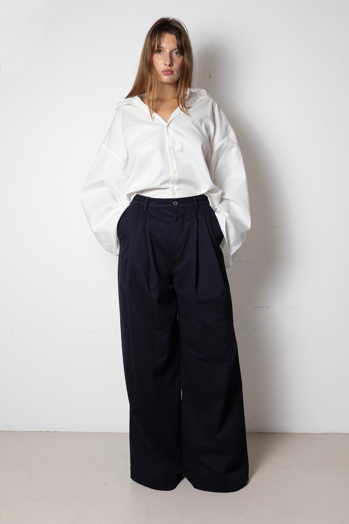 Billowing Trousers in Navy Cotton Twill