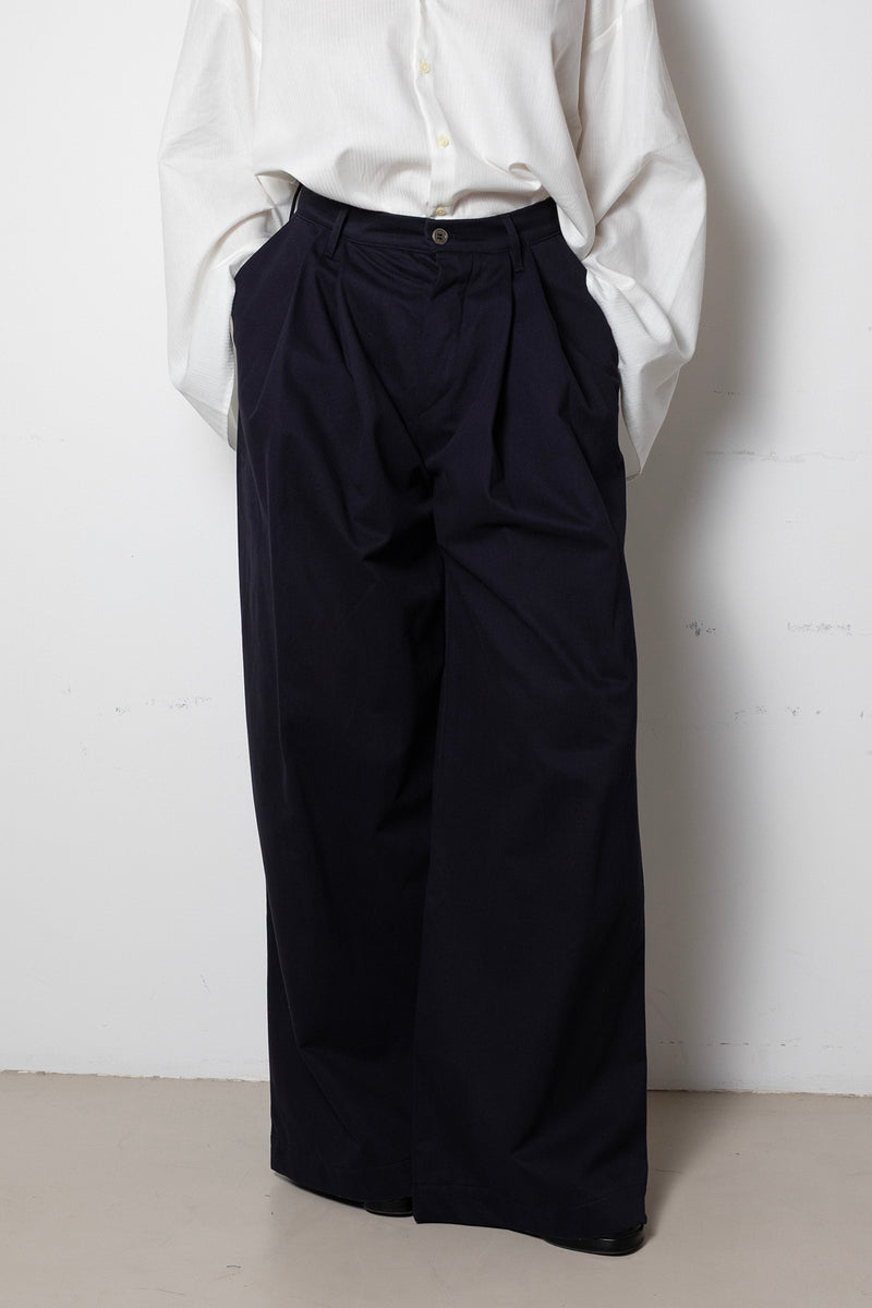 ARCHETYPE Billowing Trousers in Navy Cotton Twill