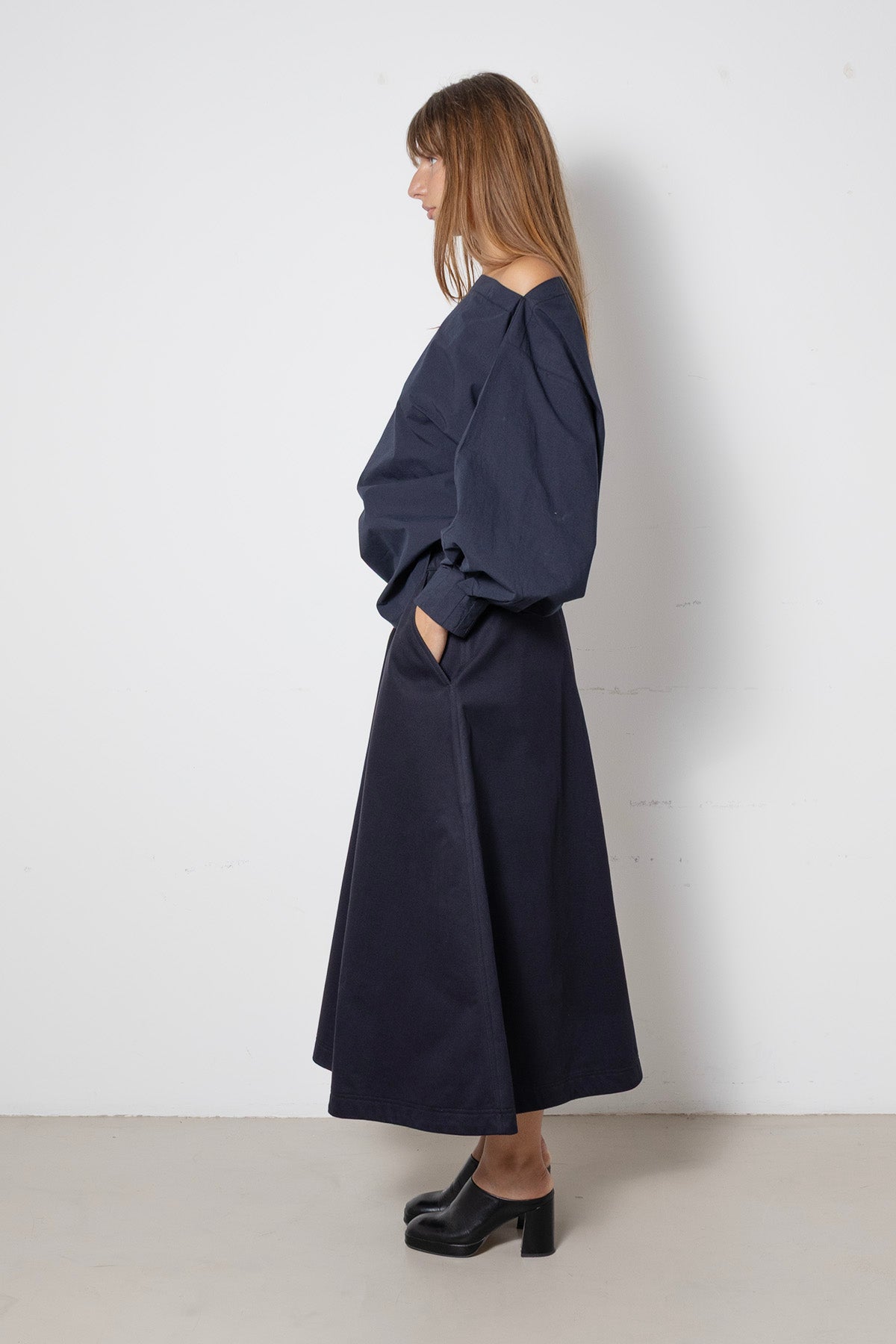 Wringing Skirt in Navy Cotton Twill