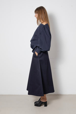 ARCHETYPE Wringing Skirt in Navy Cotton Twill