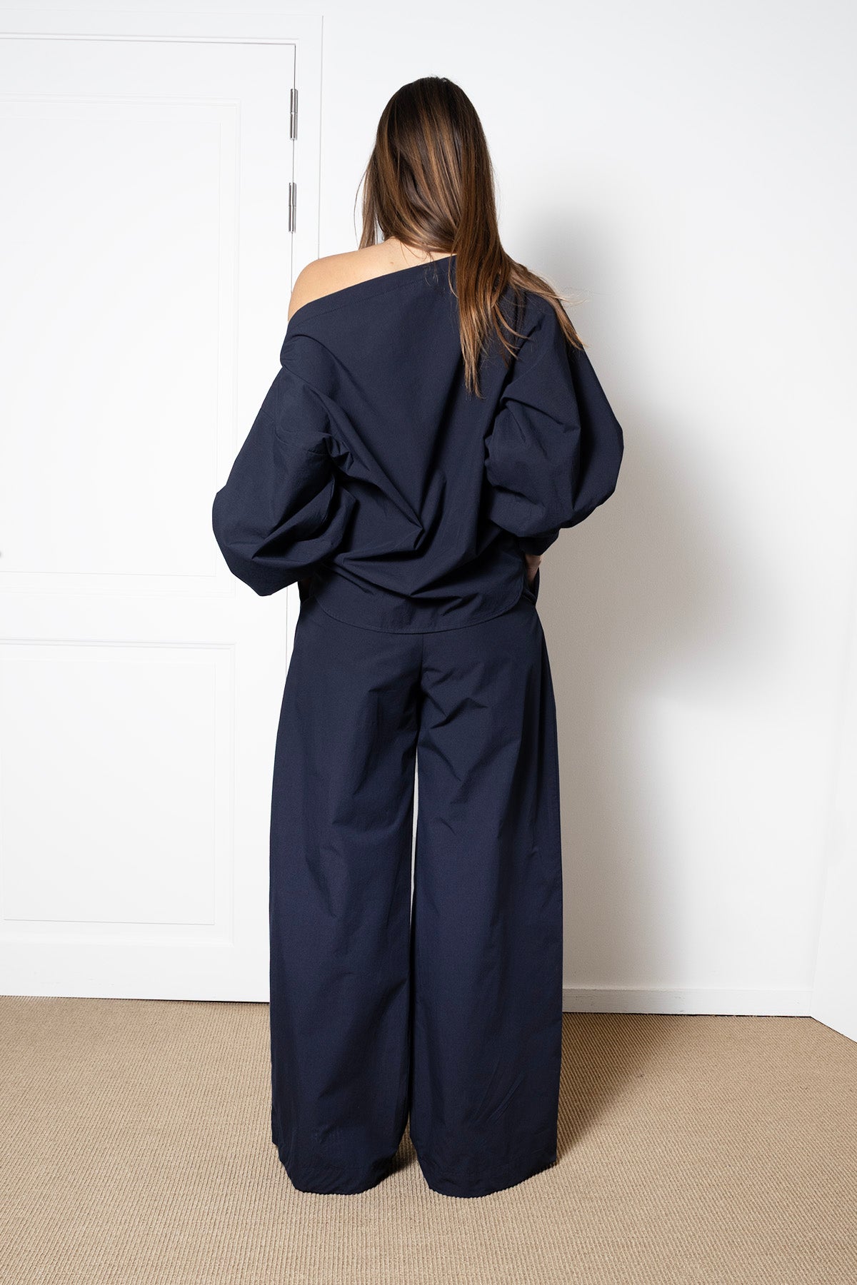 Billowing Trousers in Navy Cotton Poplin