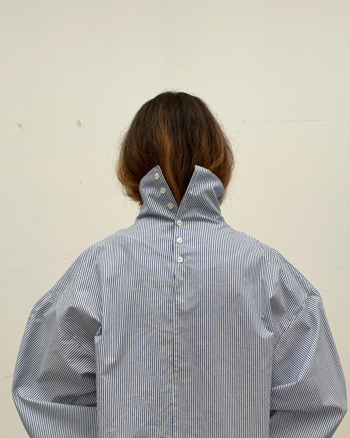 Indulging Top, High Neck in Blue Pinstripe Cotton Poplin