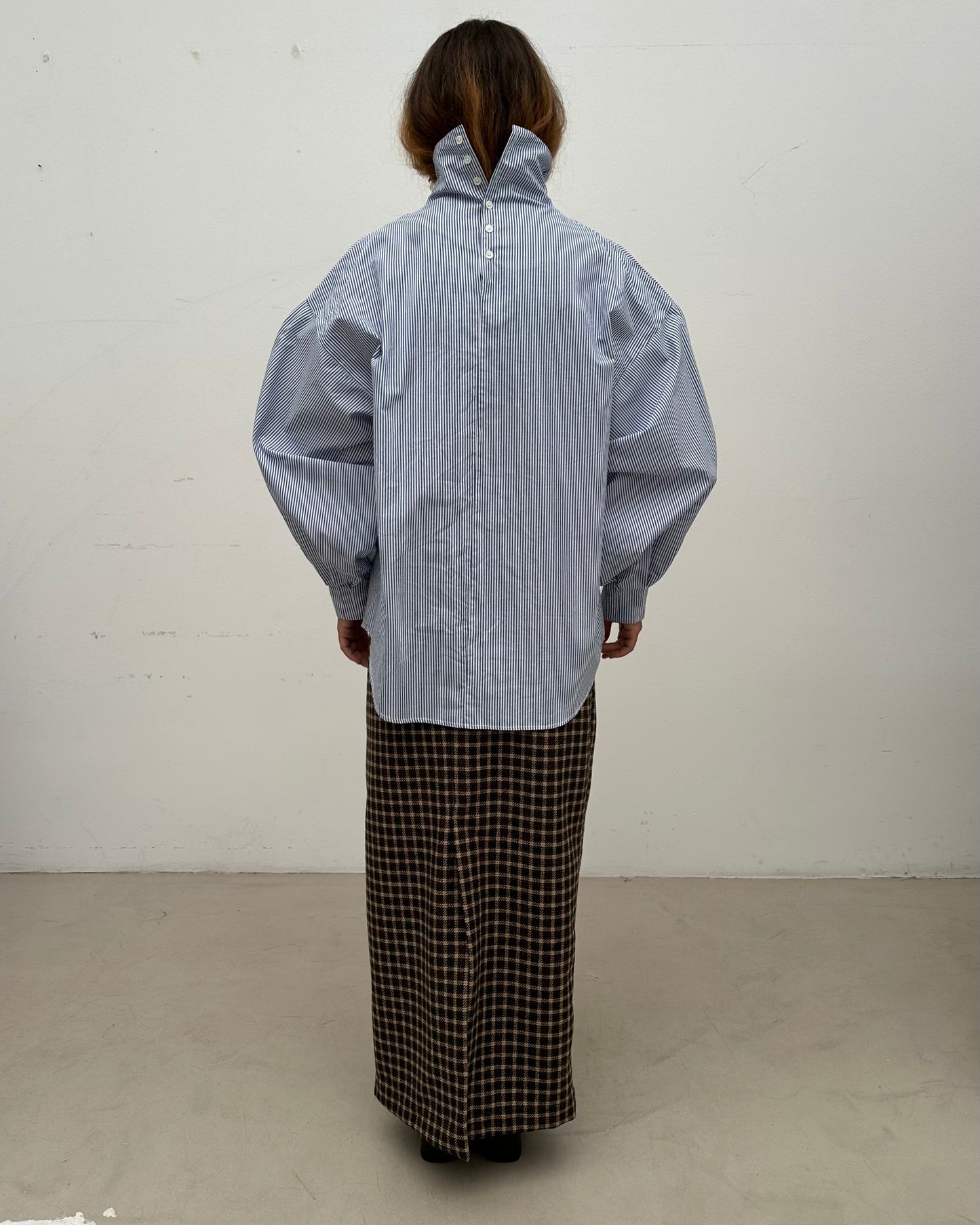 Indulging Top, High Neck in Blue Pinstripe Cotton Poplin