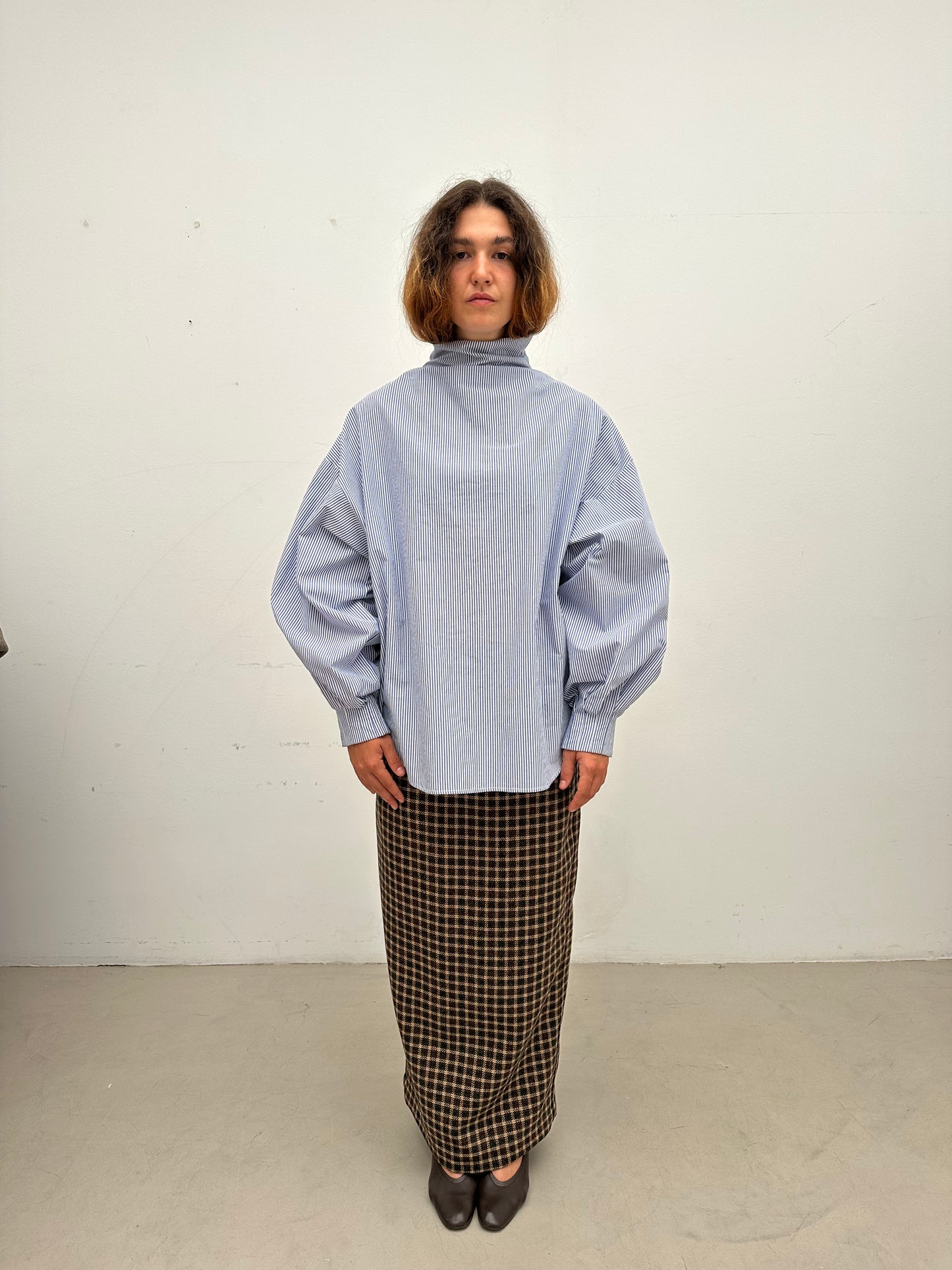 Indulging Top, High Neck in Blue Pinstripe Cotton Poplin