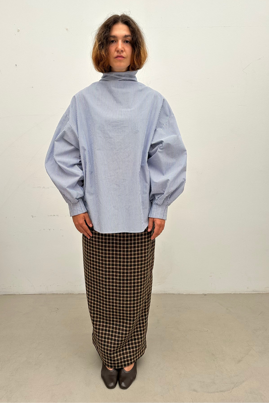 Indulging Top, High Neck in White and Blue Striped Cotton Poplin
