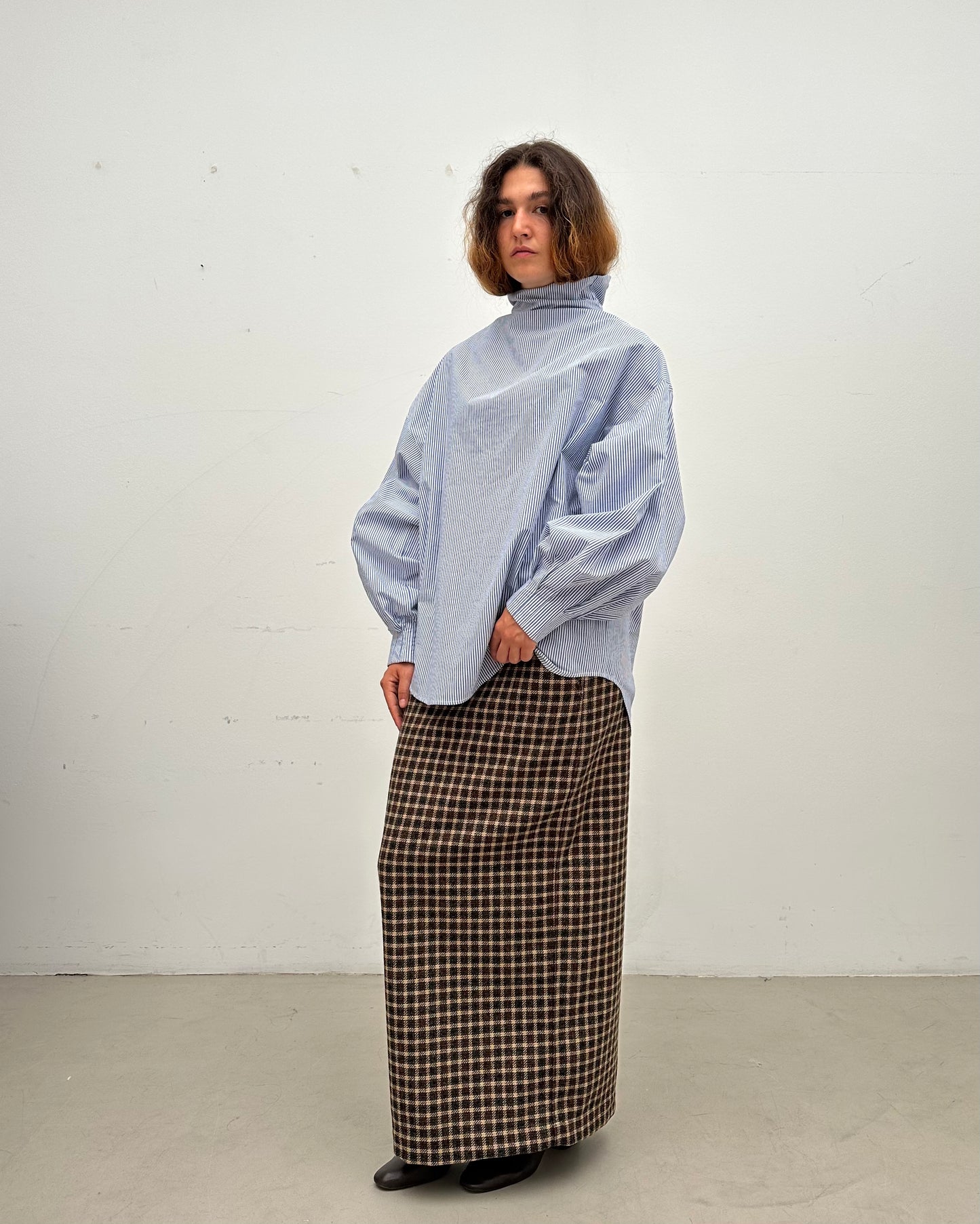 Indulging Top, High Neck in Blue Pinstripe Cotton Poplin