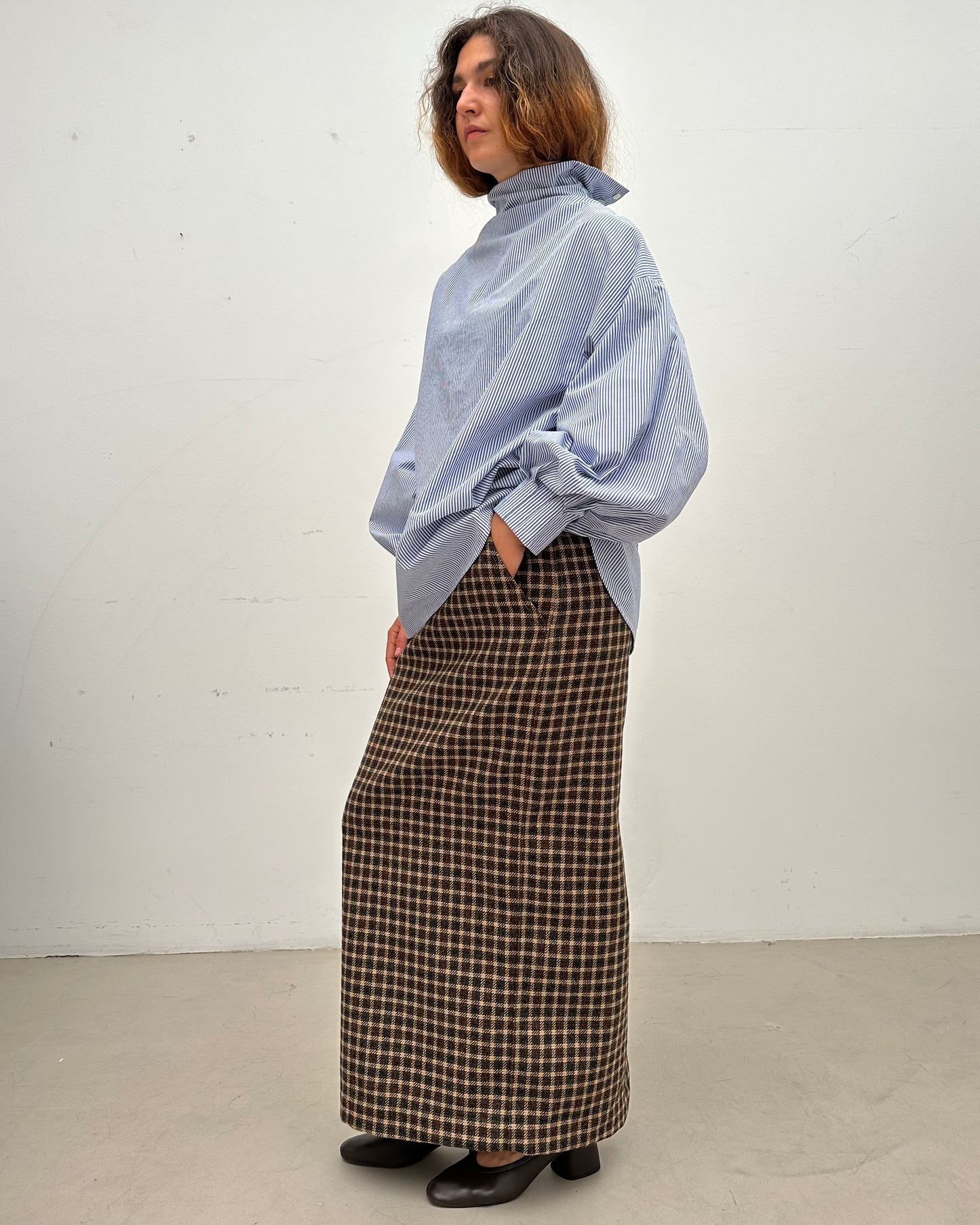 Indulging Top, High Neck in Blue Pinstripe Cotton Poplin