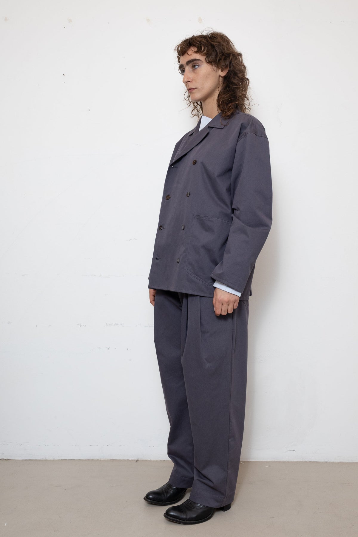 Double-Breasted Work Jacket in Pigeon Grey Cotton Twill