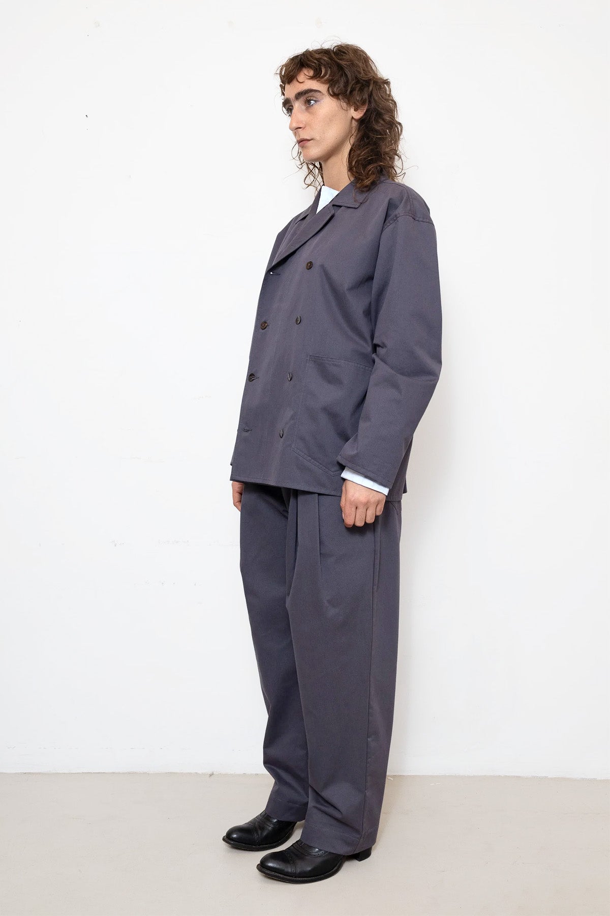 Double-Breasted Work Jacket in Pigeon Grey Cotton Twill
