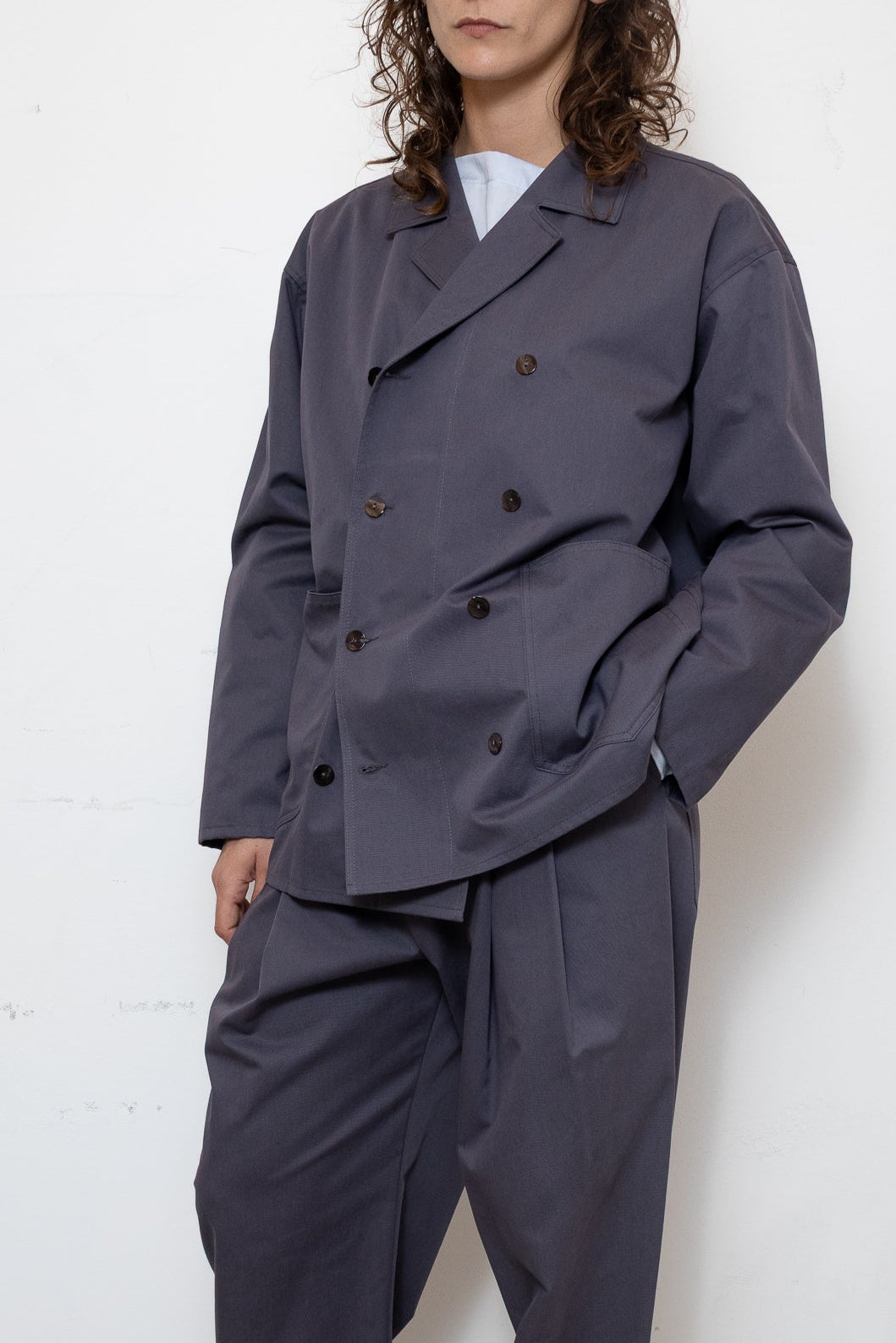 Double-Breasted Work Jacket in Pigeon Grey Cotton Twill