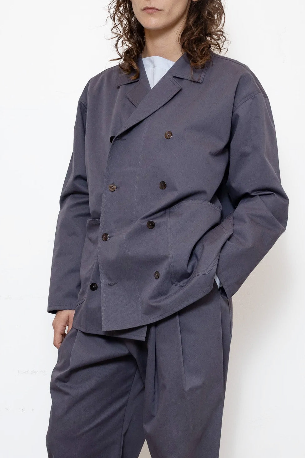 Double-Breasted Work Jacket in Pigeon Grey Cotton Twill