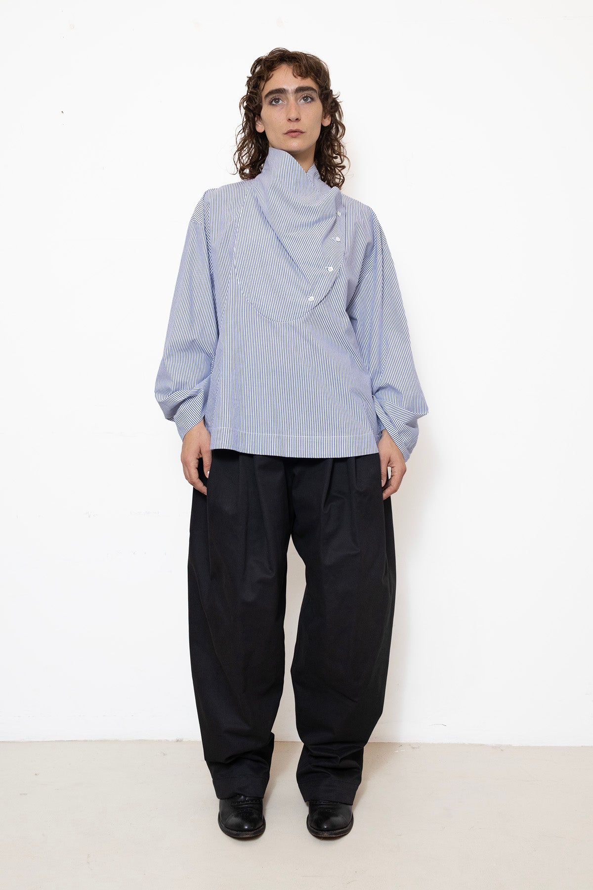 Tuxedo Shirt in White and Blue Striped Cotton Poplin