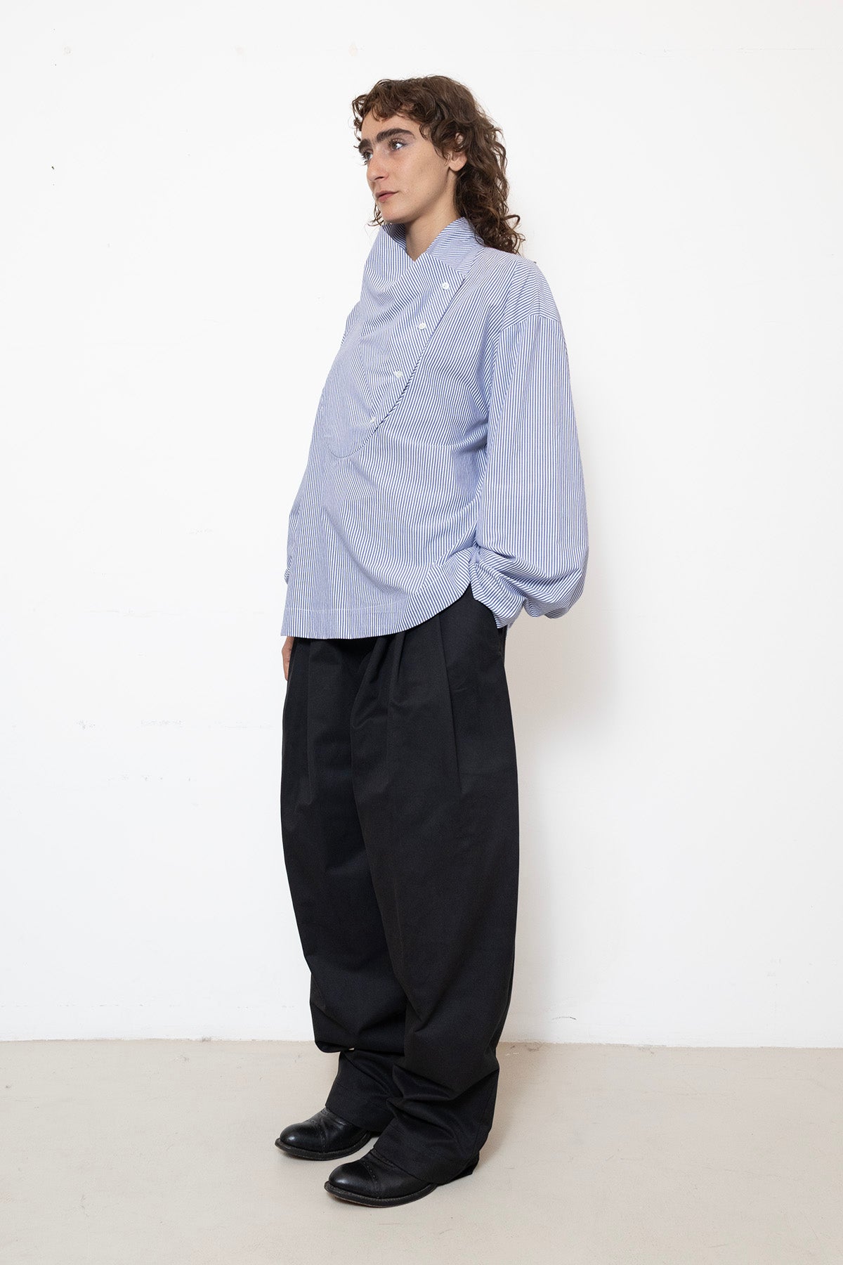 Tuxedo Shirt in White and Blue Striped Cotton Poplin