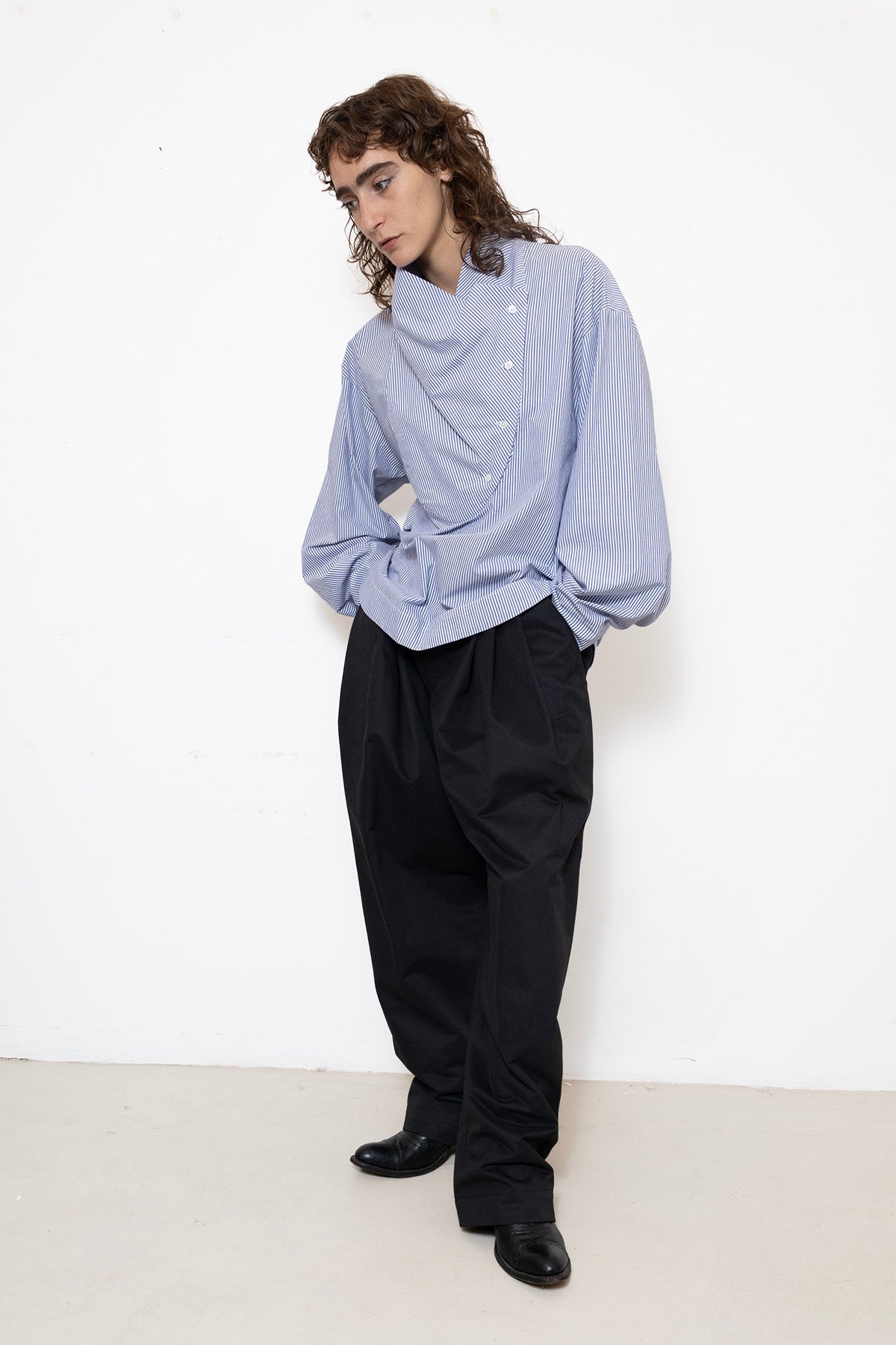 Tuxedo Shirt in White and Blue Striped Cotton Poplin
