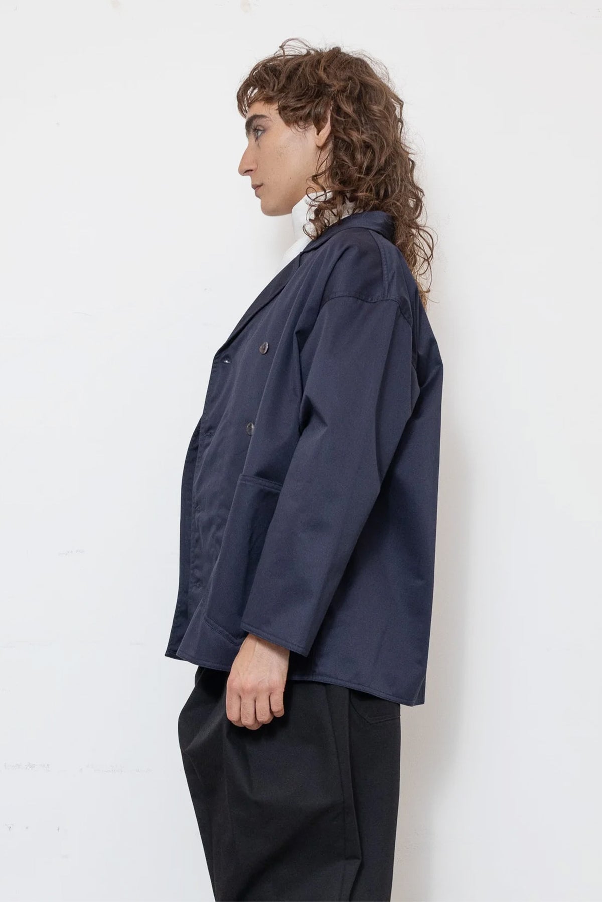 Double-Breasted Work Jacket in Blue Cotton Twill