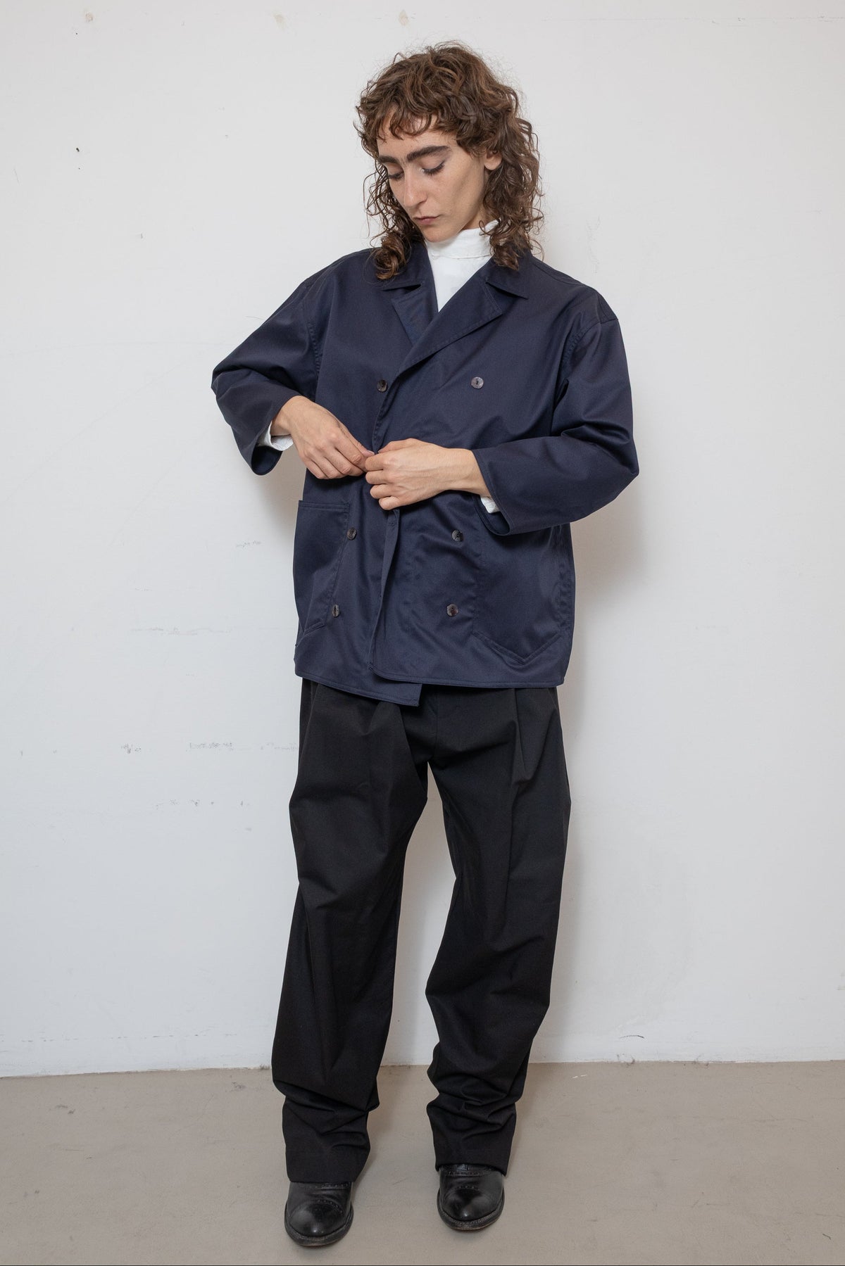 Double-Breasted Work Jacket in Blue Cotton Twill