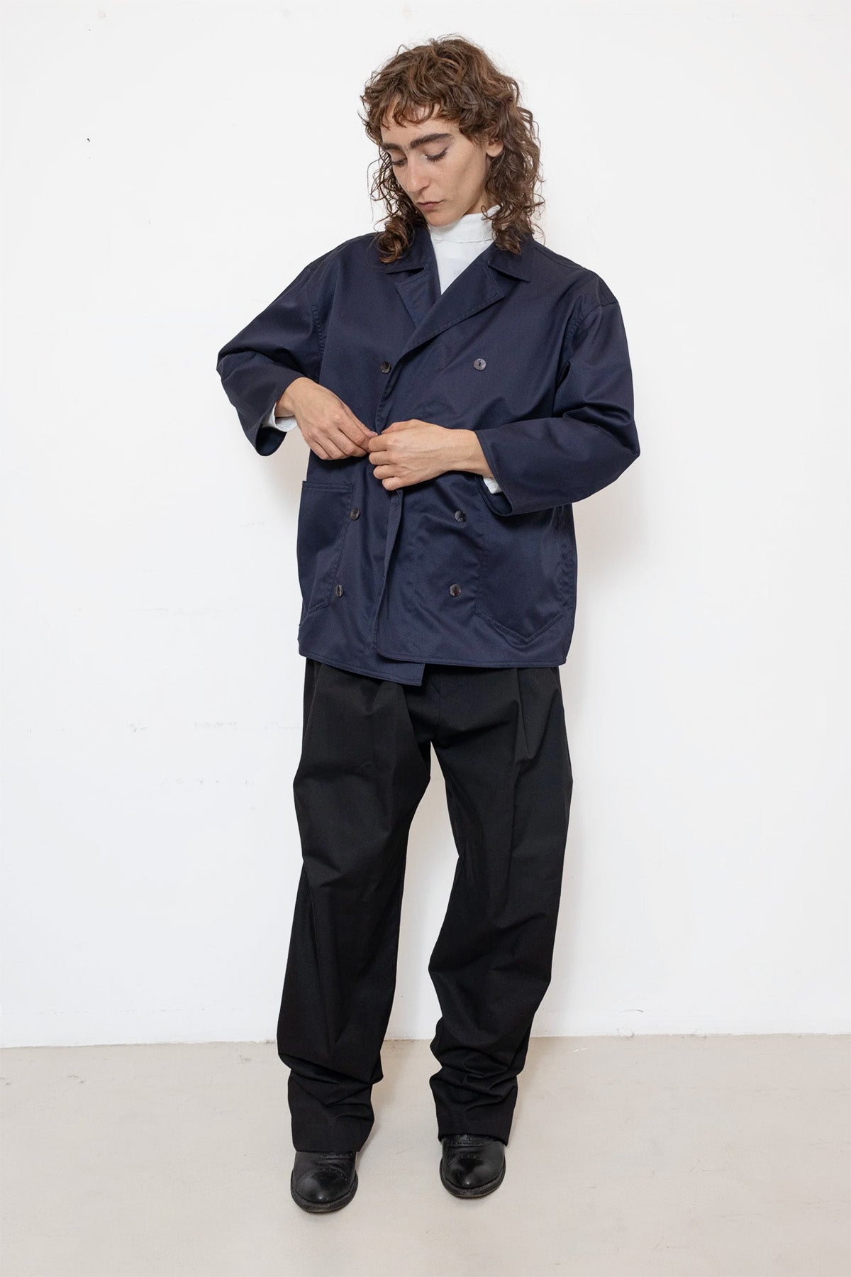 Double-Breasted Work Jacket in Blue Cotton Twill