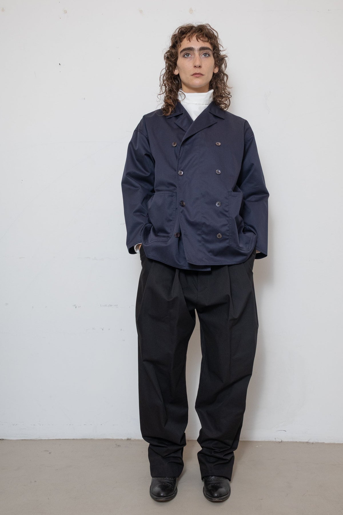 Double-Breasted Work Jacket in Blue Cotton Twill