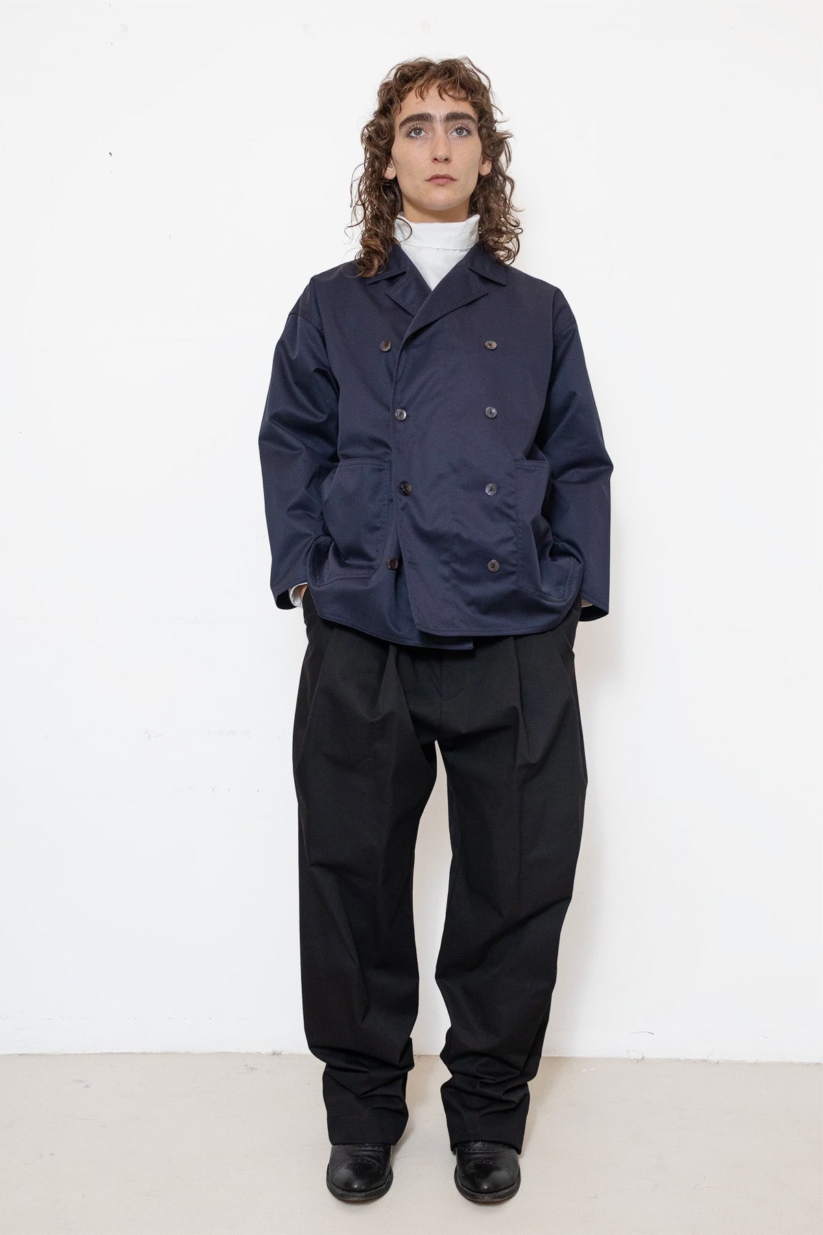 Double-Breasted Work Jacket in Blue Cotton Twill