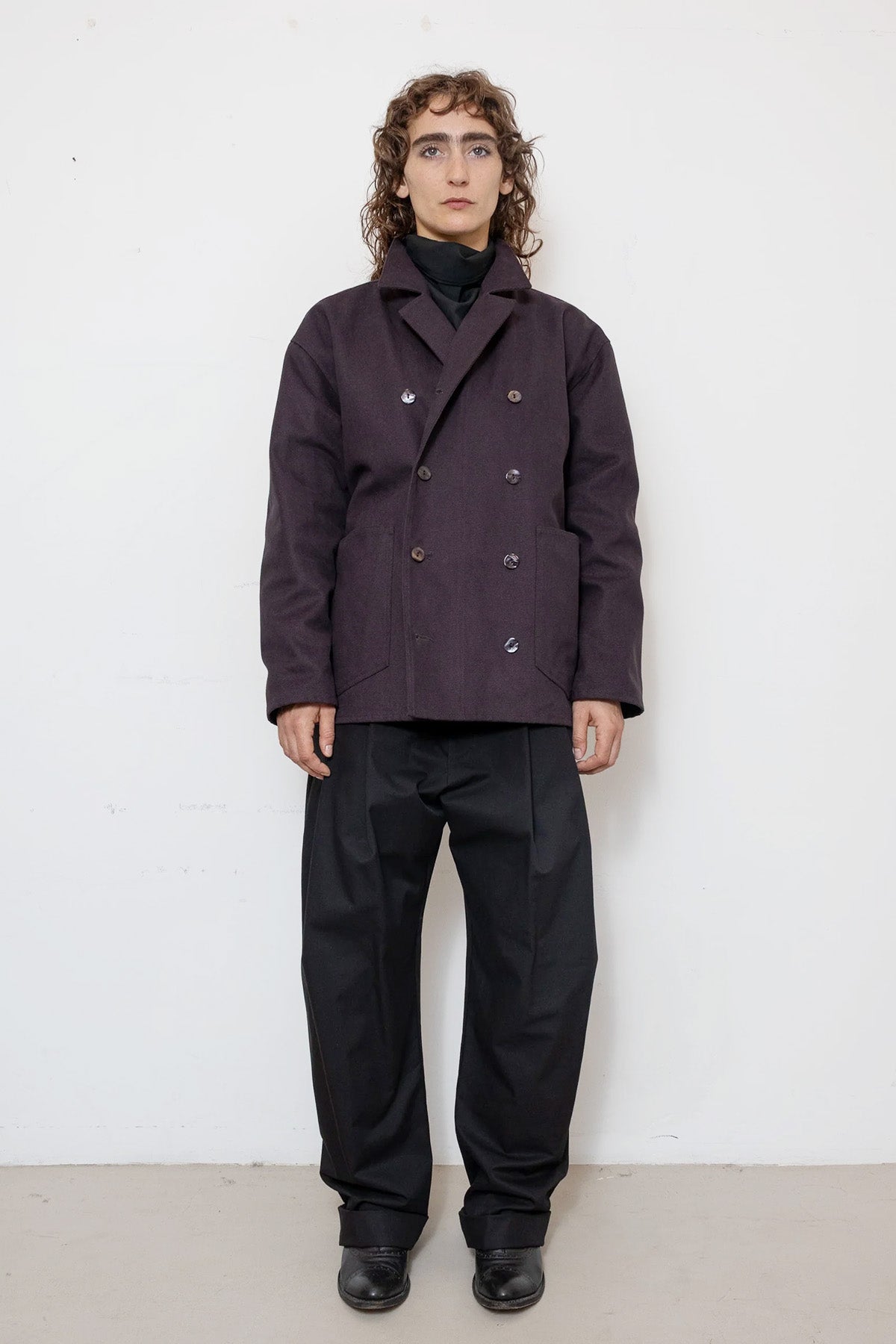 Double-Breasted Work Jacket in Deep Purple Peached Panama Cotton
