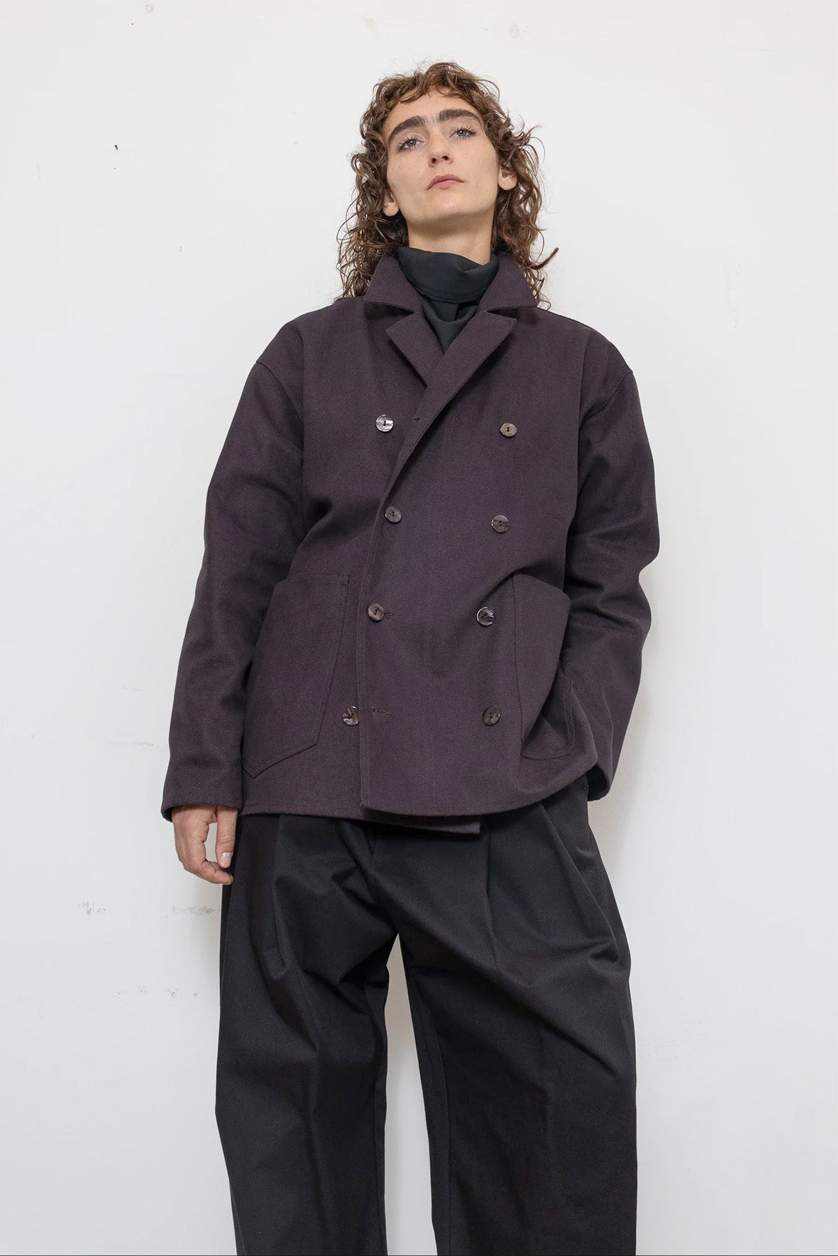Double-Breasted Work Jacket in Deep Purple Peached Panama Cotton