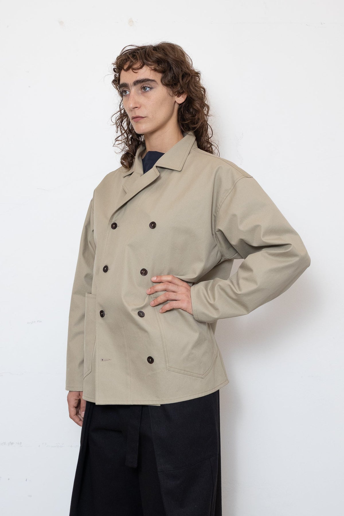 Double-Breasted Work Jacket in Ecru Cotton Twill
