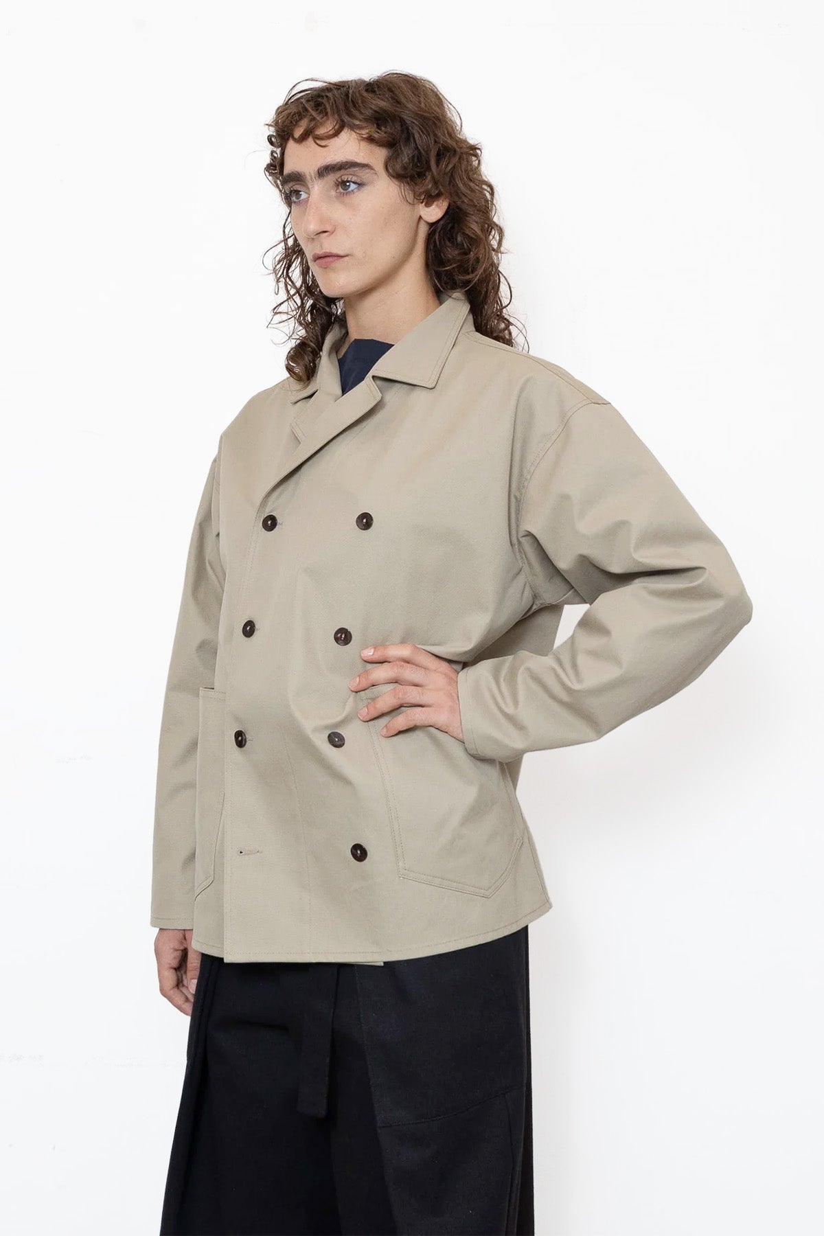 Double-Breasted Work Jacket in Ecru Cotton Twill