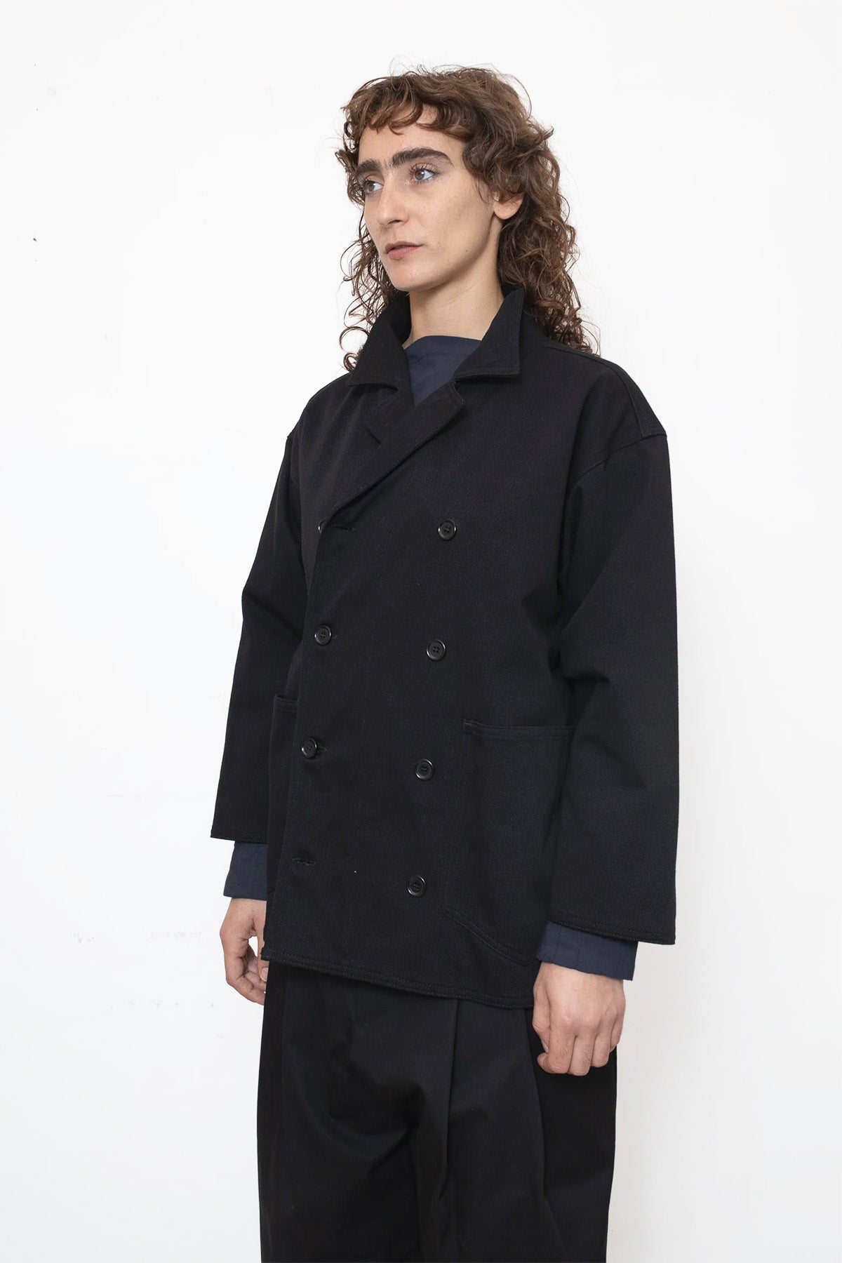 Double-Breasted Work Jacket in Black Canvas Cotton