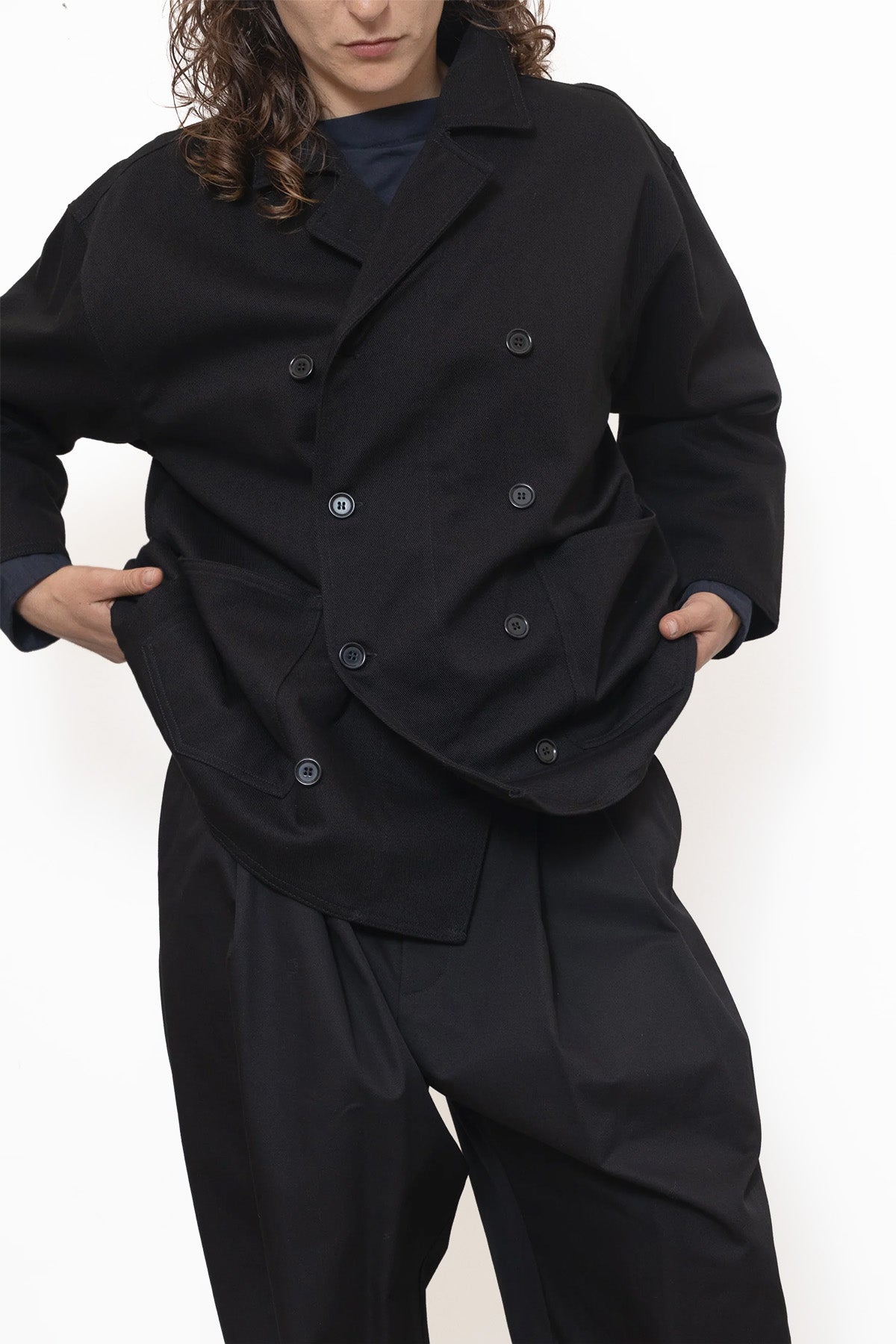 Double-Breasted Work Jacket in Black Canvas Cotton