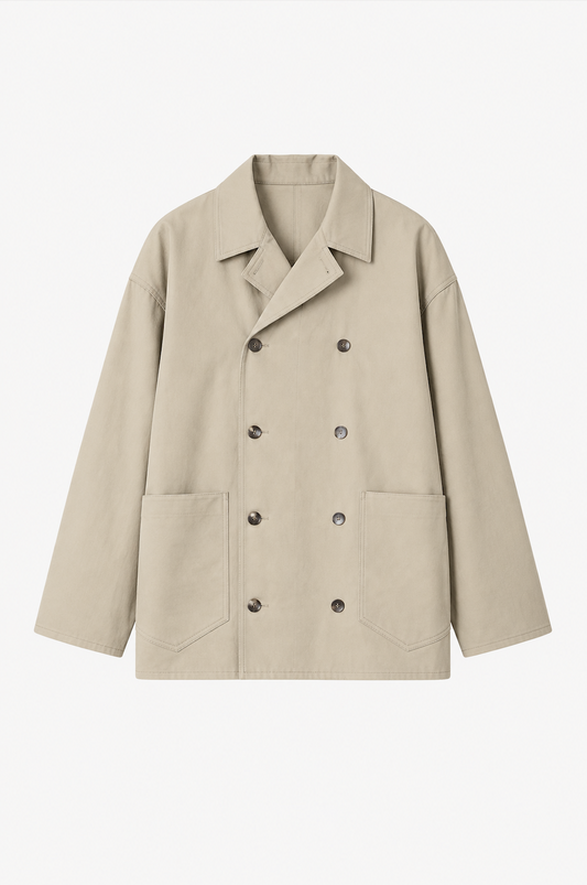 Double-Breasted Work Jacket in Ecru Cotton Twill