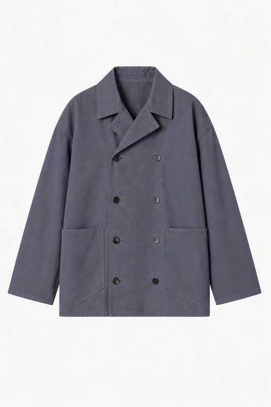 Double-Breasted Work Jacket in Pigeon Grey Cotton Twill