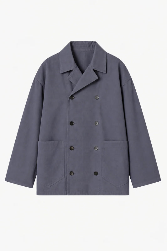 Double-Breasted Work Jacket in Pigeon Grey Cotton Twill