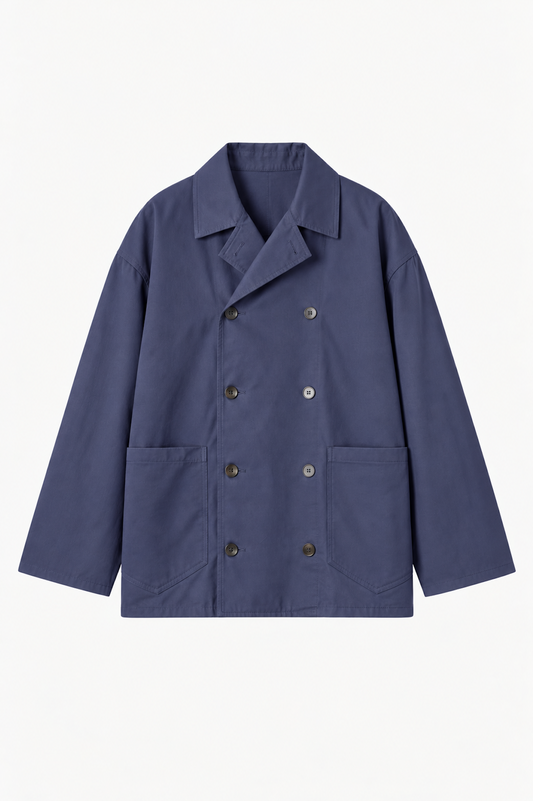 Double-Breasted Work Jacket in Blue Cotton Twill