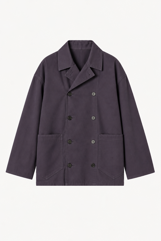 Double-Breasted Work Jacket in Deep Purple Peached Panama Cotton