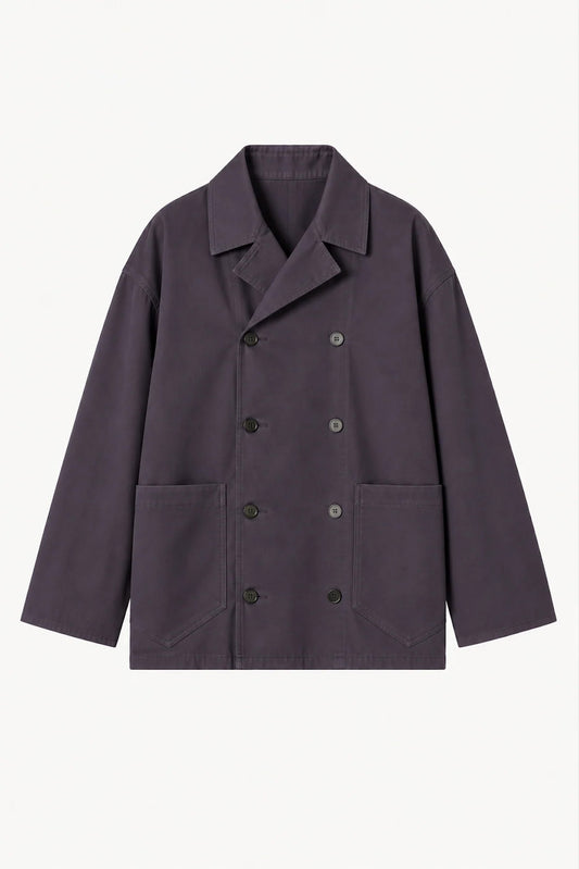 Double-Breasted Work Jacket in Deep Purple Peached Panama Cotton