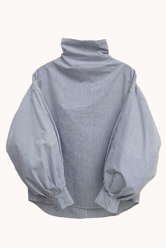 Indulging Top, High Neck in White and Blue Striped Cotton Poplin