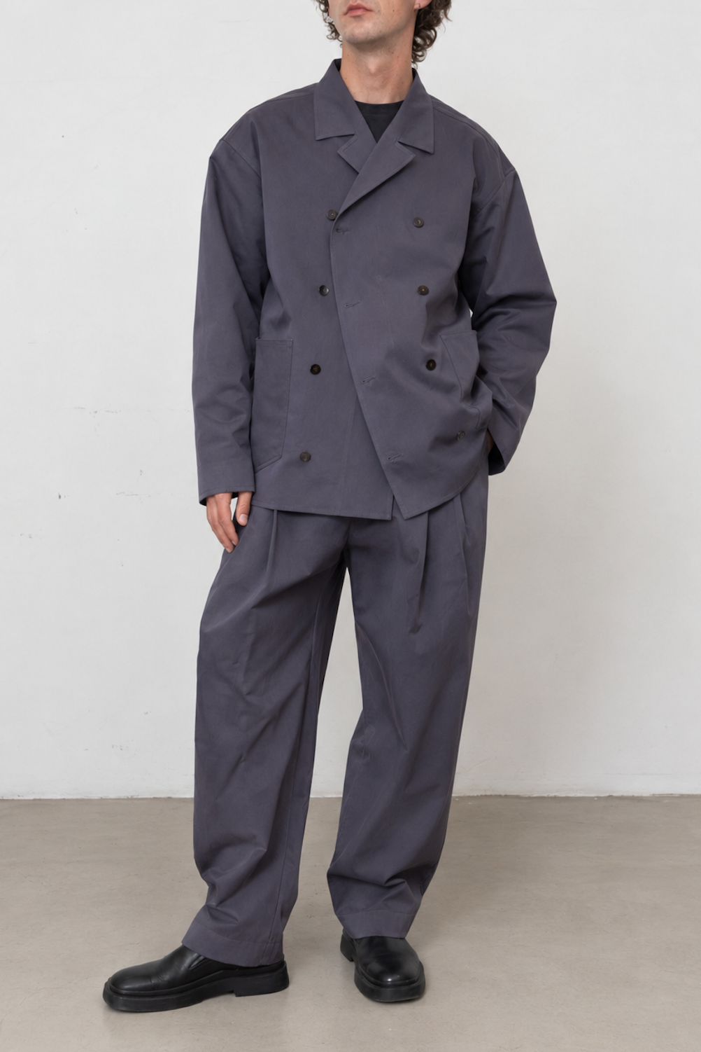 Double-Breasted Work Jacket in Pigeon Grey Cotton Twill