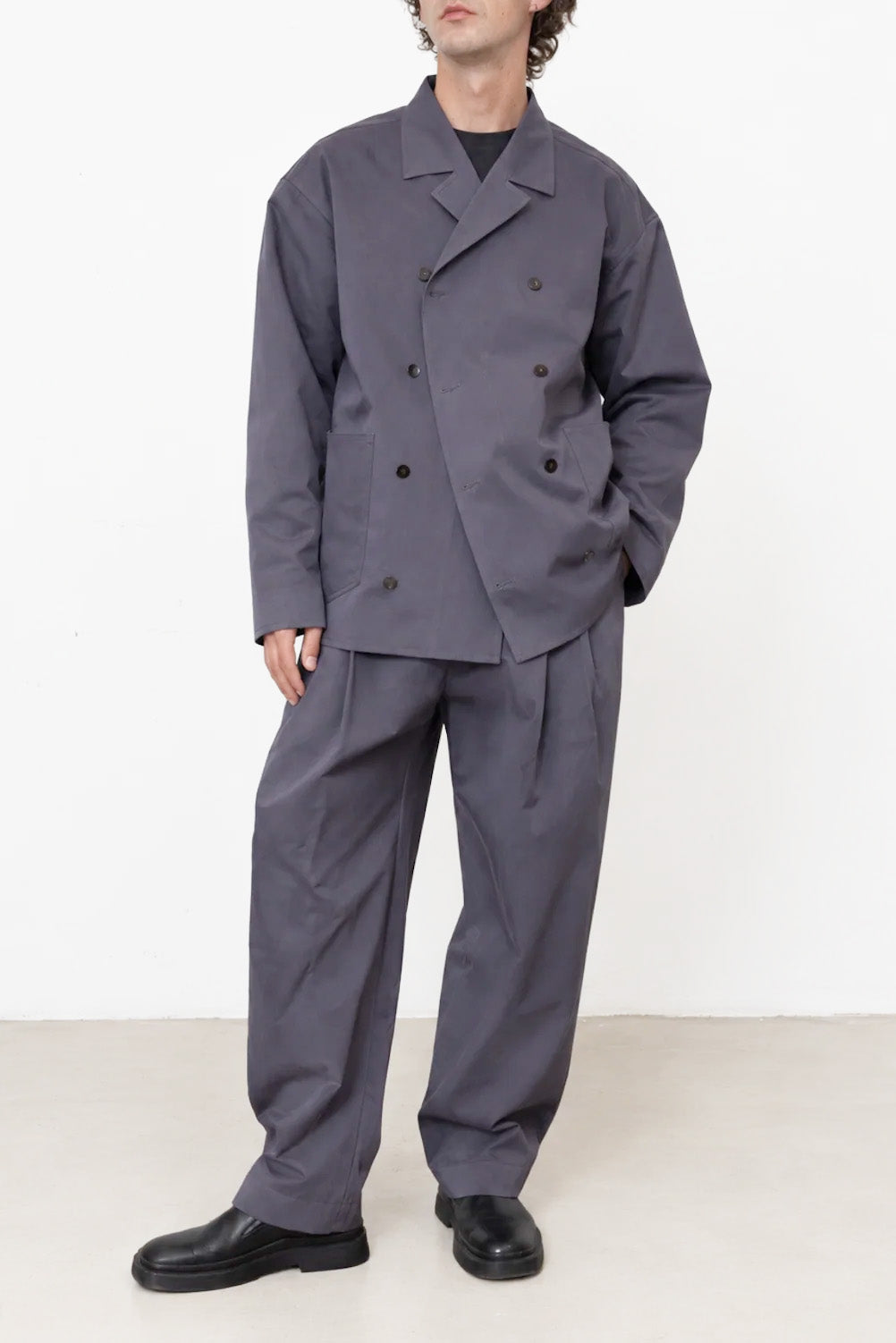 Double-Breasted Work Jacket in Pigeon Grey Cotton Twill