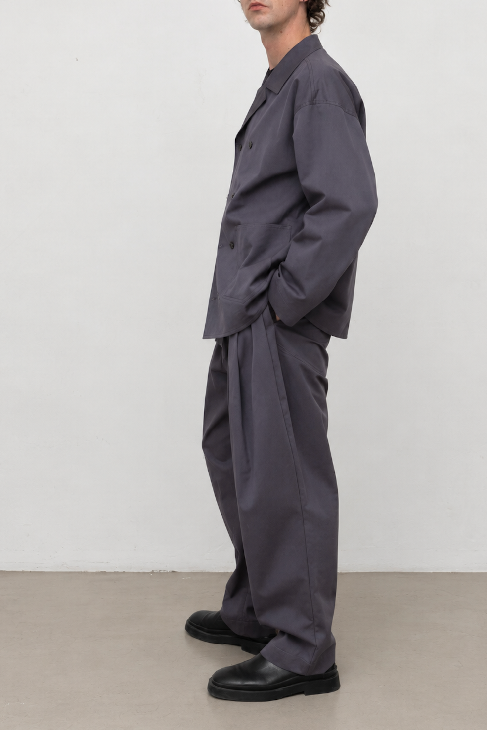Double-Breasted Work Jacket in Pigeon Grey Cotton Twill