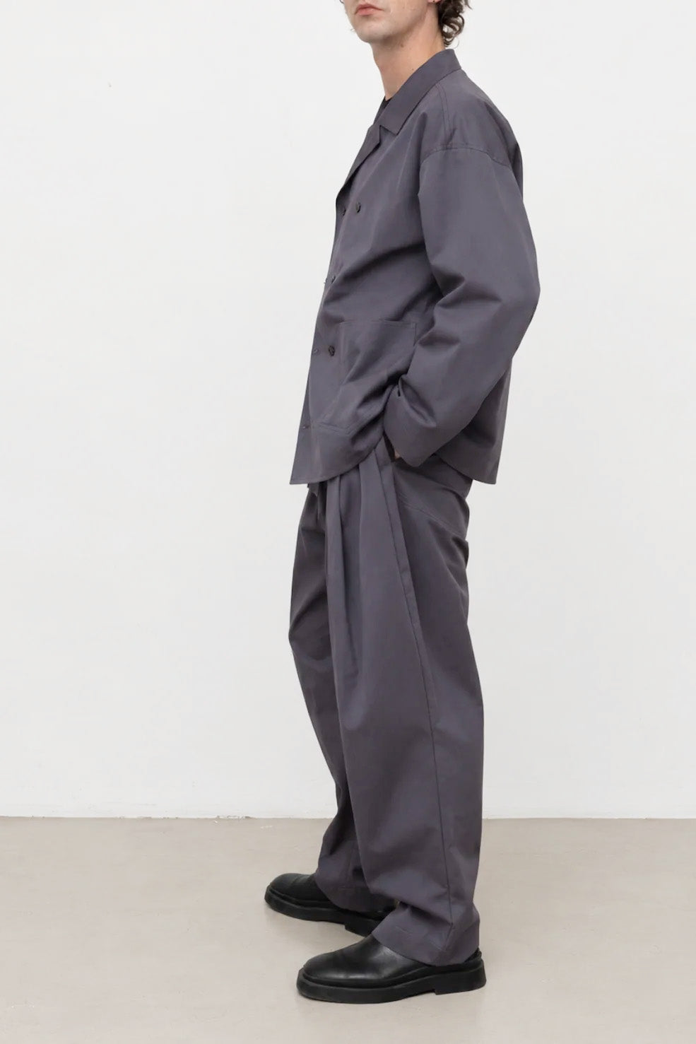 Double-Breasted Work Jacket in Pigeon Grey Cotton Twill